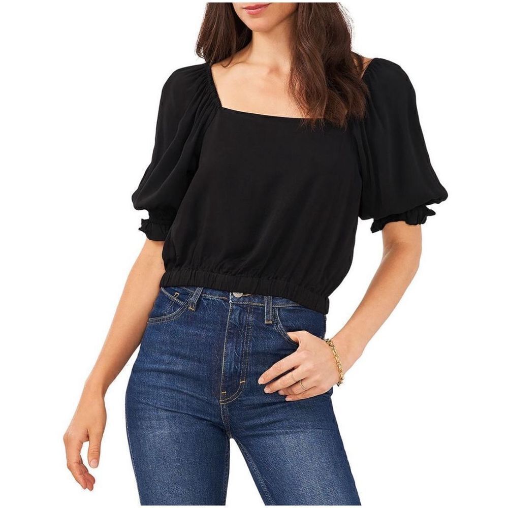 NWT 1.State Women's Square Neck Puff Sleeve Cropped Black Top 2X